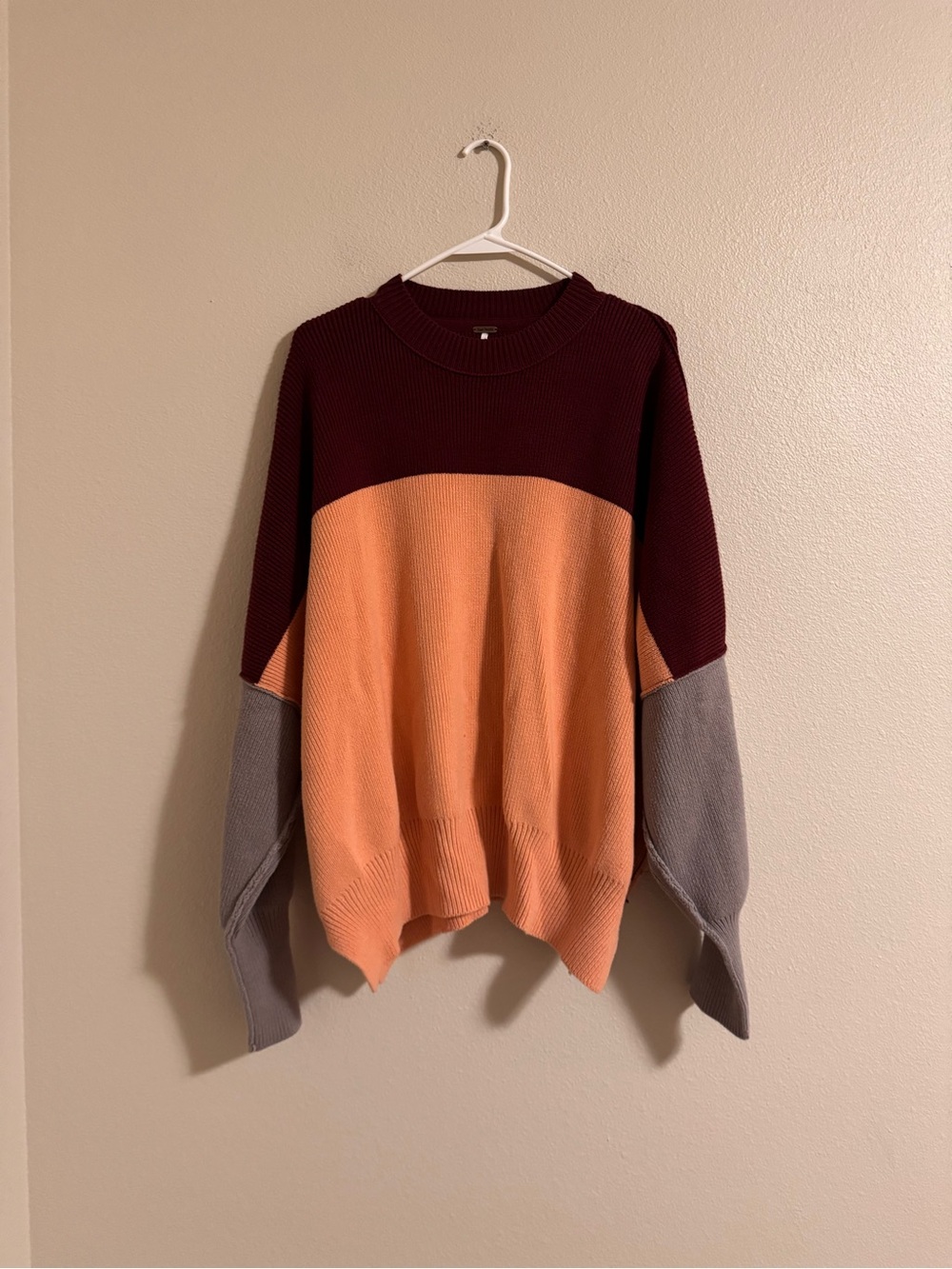 Free People Colorblock Crewneck Sweater in Burgundy, Peach & Gray